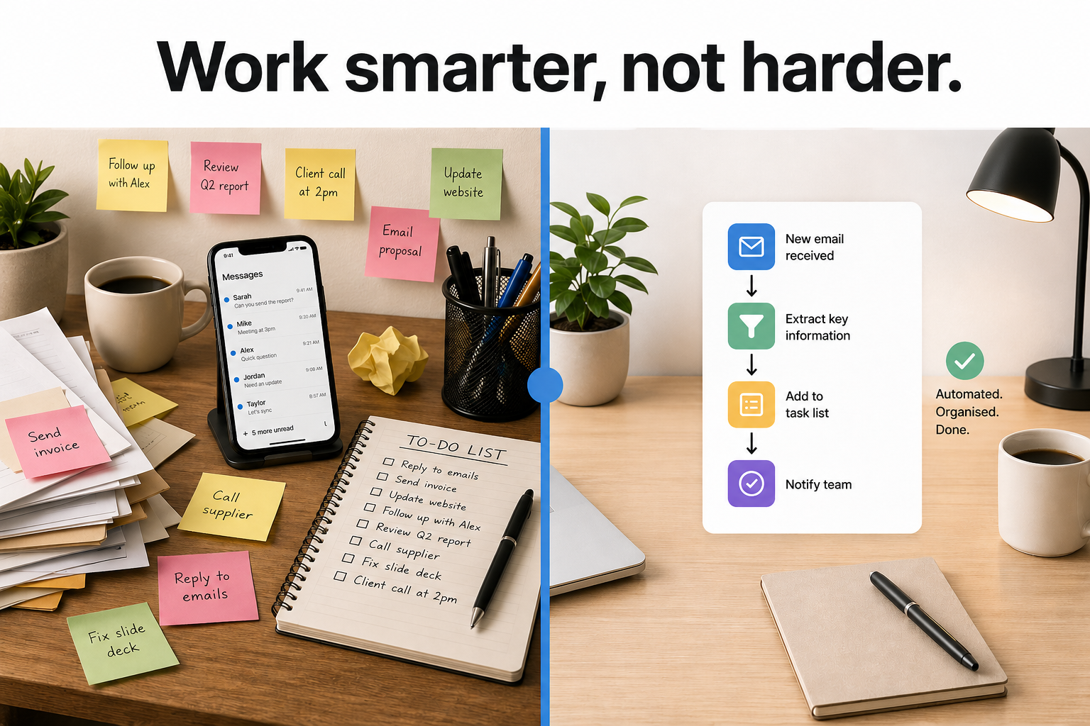 Left side is a messy desk with sticky notes. Right side is the same desk, organised with automation.