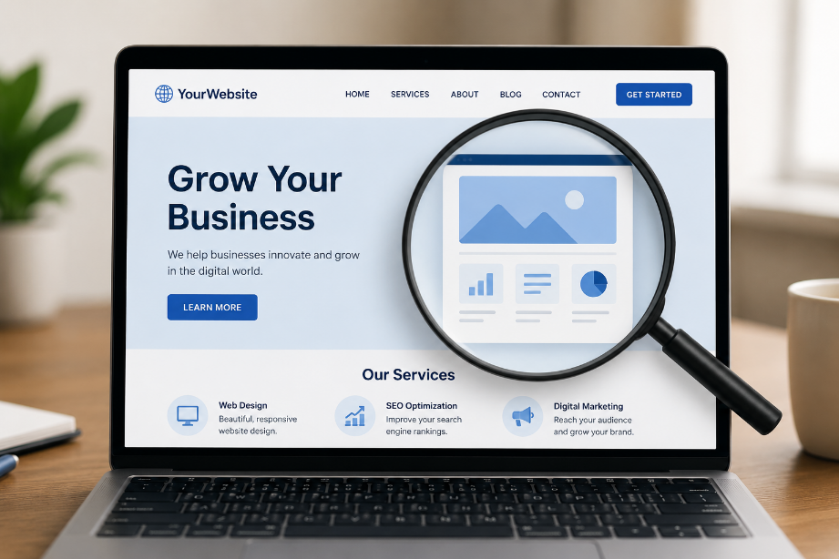 Website showcasing digital services and growth under a magnifying glass.